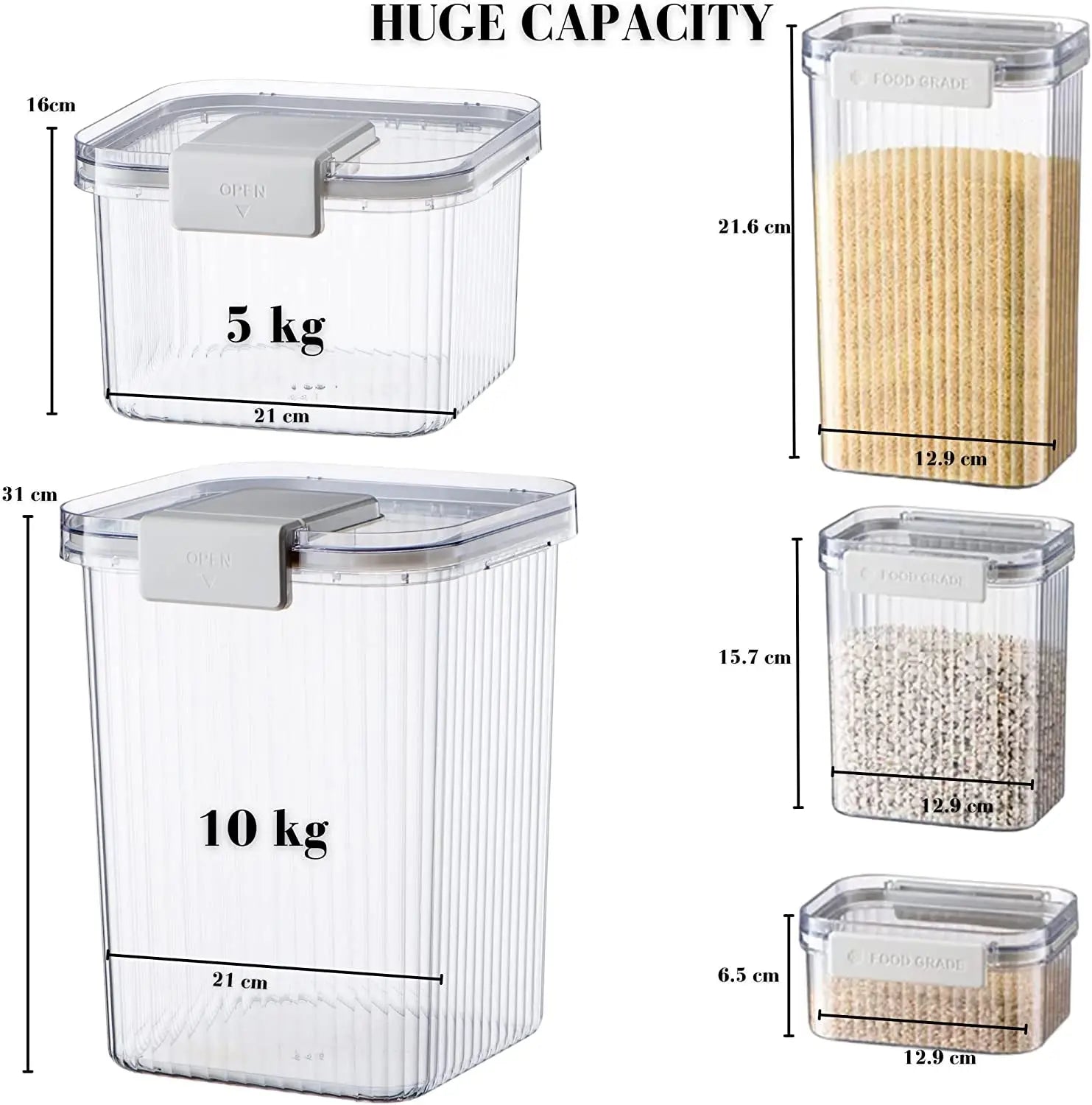 ™ 5 Piece Container Set, Large Airtight Food Storage Container Set of Two, 10KG and 5KG Storage Container Comes with Scoop and 3 Containers for Kitchen and Pantry Organiser