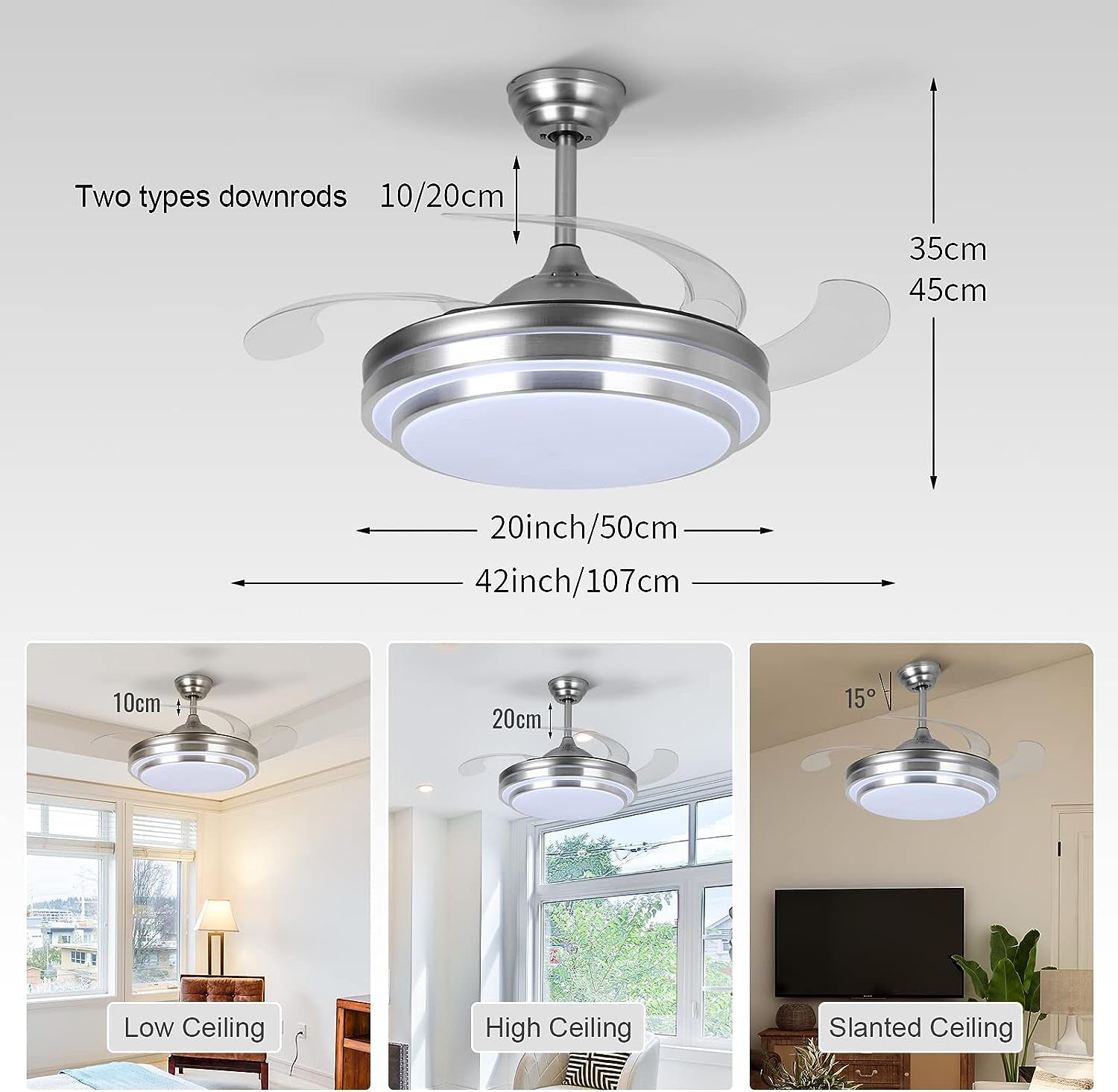 42" Retractable Ceiling Fan with Lights and Remote Control Modern Ceiling Fan with Retractable Blades, Silent Motor, 3 Light Color Changes, Brushed Nickel for Bedroom Living Room Dining…