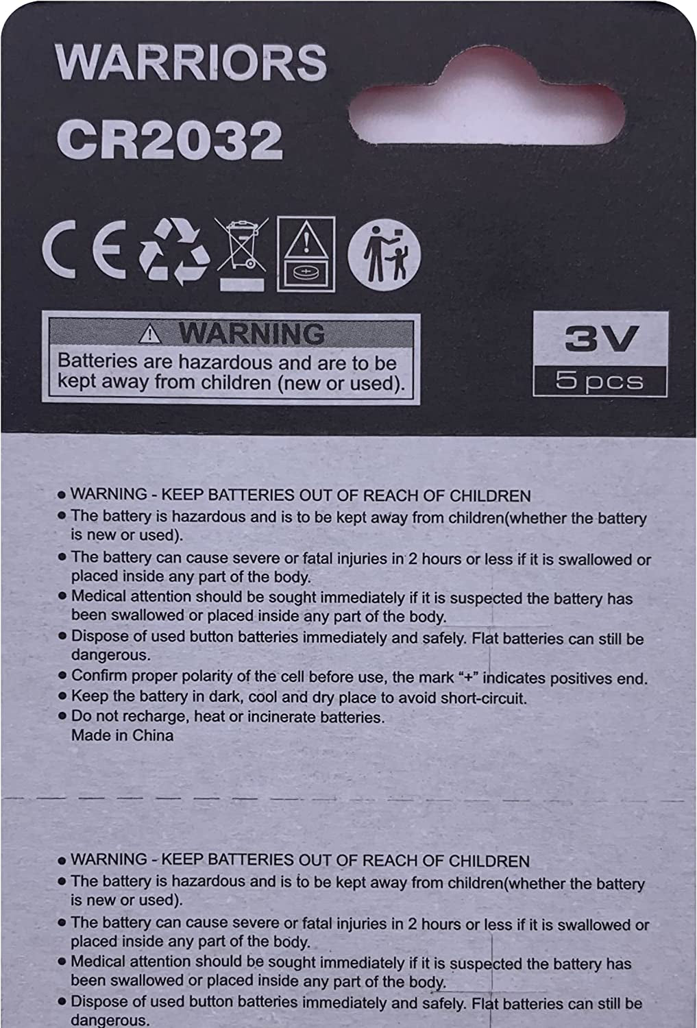 Warriors 2032 CR2032 Coin Button Cell 3V 3 Volt Lithium Batteries 5X Retail Pack Compliant with Coin Battery Safety Standards 2020