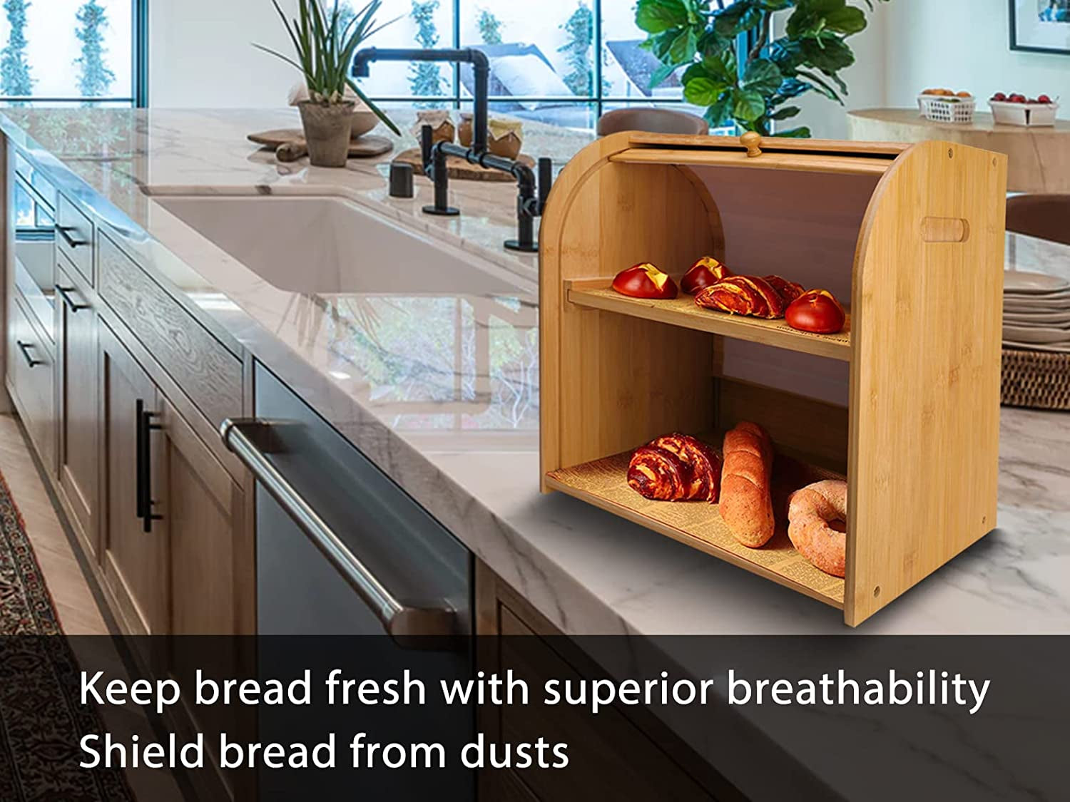 Bamboo Bread Box for Kitchen Countertop Extra Large 2 Layer Bread Box Set Homemade Bread Storage Box Bread Bin Roll Top Bread Box