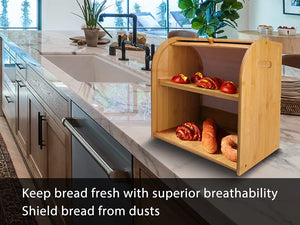 Bamboo Bread Box for Kitchen Countertop Extra Large 2 Layer Bread Box Set Homemade Bread Storage Box Bread Bin Roll Top Bread Box