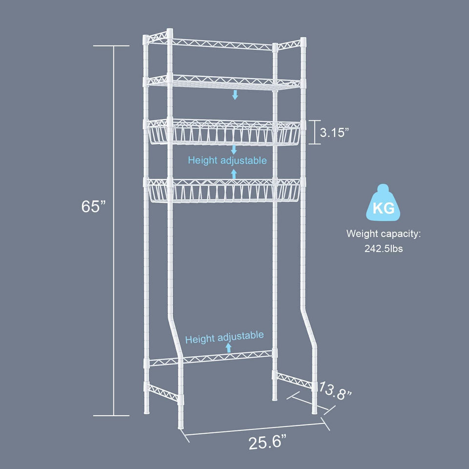 Over the Toilet Storage, 3-Tier Bathroom Rack for Space Saver,Heavy Duty Corner Stand Storage Organizer Accessories Sturdy Anti-Tilt Adjustable Bathroom Cabinet with 2 Baskets (White, 3-Tier)