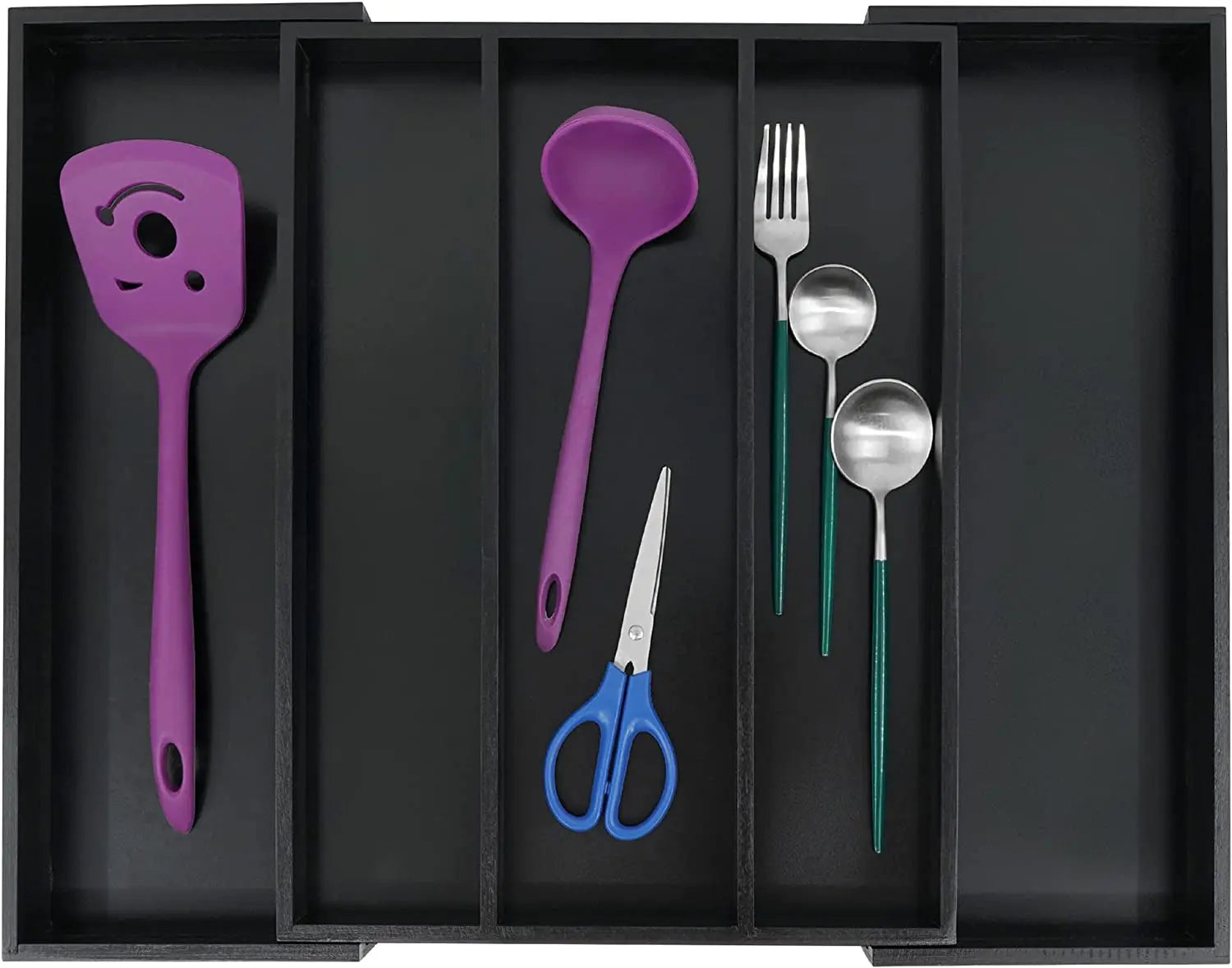 Bamboo Black Expandable Kitchen Drawer Organizer, Adjustable Utensil Holder and Cutlery Tray Organiser, Drawer Divider for Silverware, Flatware, Knives in Kitchen, Bedroom, Living Room