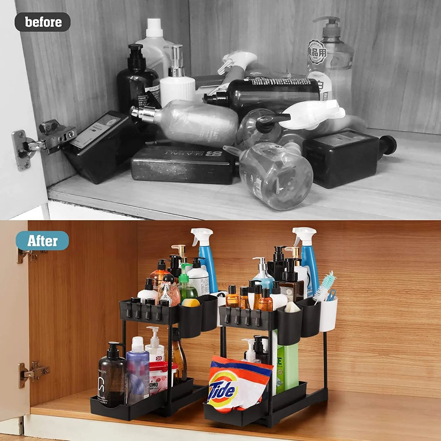 under Sink Organizer and Storage, 2 Pack 2 Tier Bathroom Restroom Kitchen Cabinet Shelf with 6 Cup 8 Hooks Multi-Purpose Cleaning Supplies Organizer