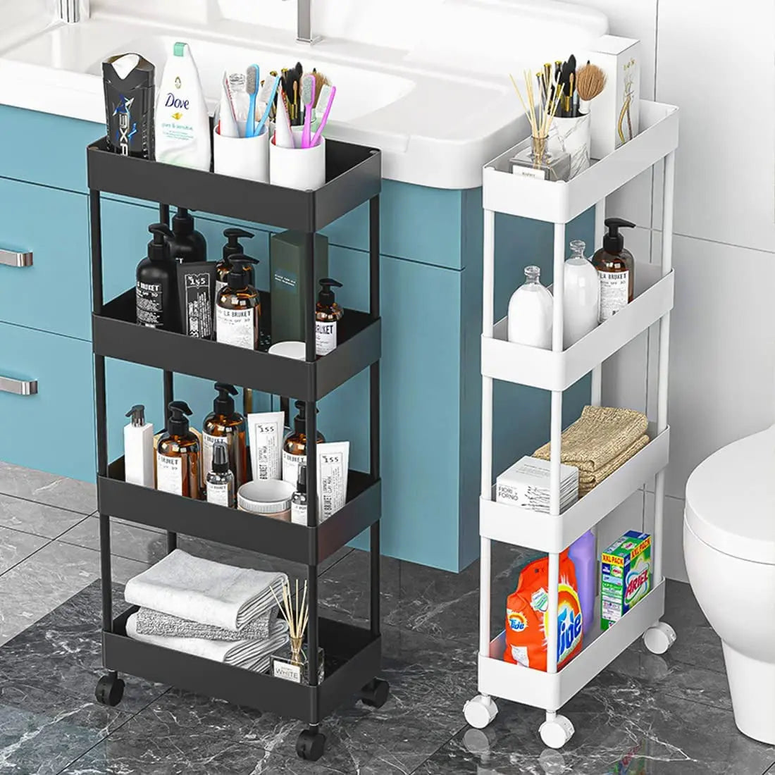 Slim Storage Cart with Wheels, 4 Tier Bathroom Storage Organizer Rolling Utility Cart Mobile Shelving Unit for Bathroom Kitchen Laundry Room Office Narrow Place (Black)