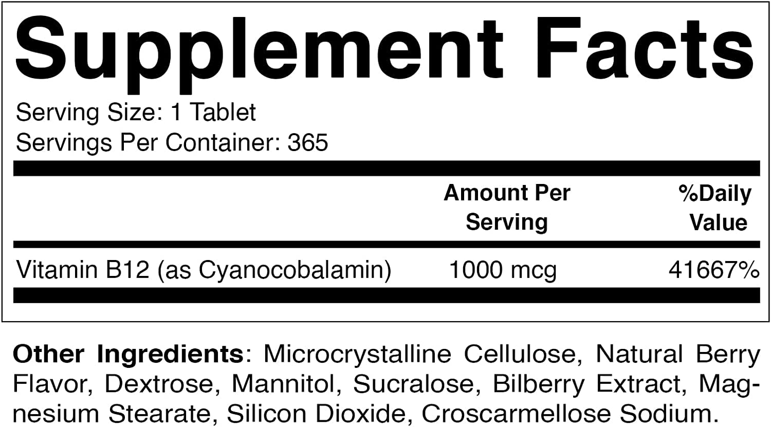 Vitamin B12 1000 Mcg Fast Dissolve 365 Tablets - Berry Flavor - Supports Energy Metabolism