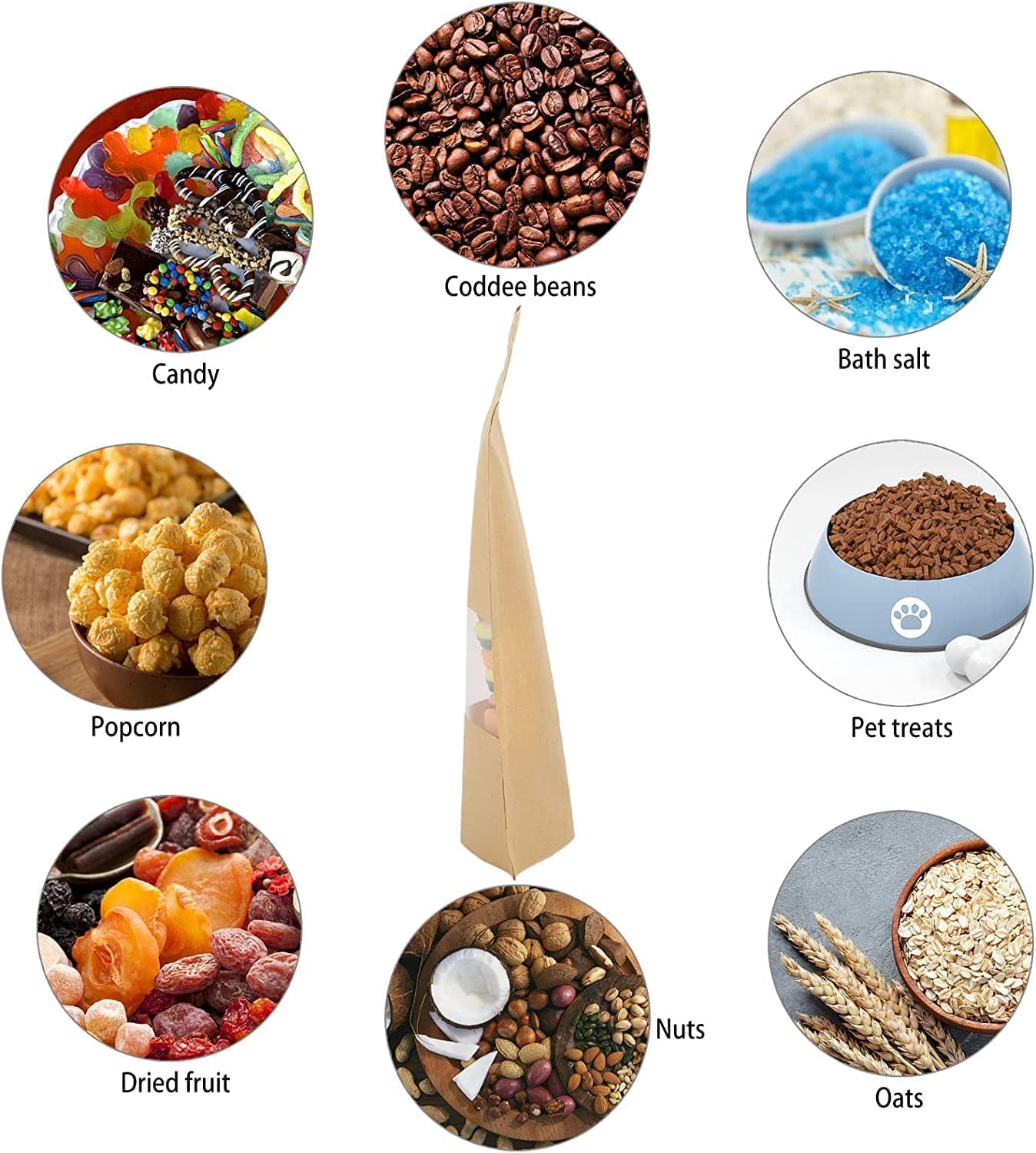 100 Pcs 12X20Cm Kraft Paper Treat Bags with Window, Ziplock Stand up Pouches for Packing Food Cookies Snacks