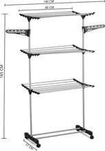 Load image into Gallery viewer, Folding 3 Tier Clothes Laundry Drying Rack, Stainless Steel Tubes, Rolling Collapsible Garment Laundry Dryer Hanger Stand Rail Indoor &amp; Outdoor Home

