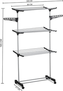 Folding 3 Tier Clothes Laundry Drying Rack, Stainless Steel Tubes, Rolling Collapsible Garment Laundry Dryer Hanger Stand Rail Indoor & Outdoor Home