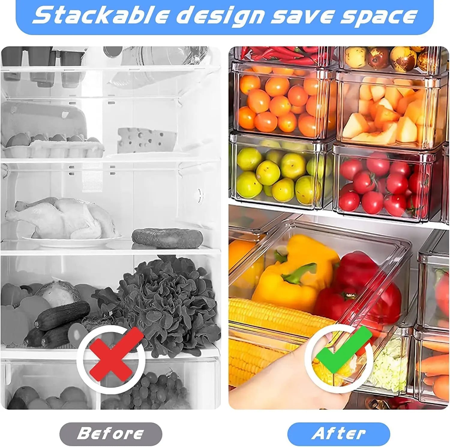 Fridge Organizer, Set of 7 Stackable Refrigerator Organizer Bins with Lid, Fridge Organizers and Storage Clear Containers, Bpa-Free Plastic Food Storage Bins for Food, Drinks, Fruits, Vegetable…
