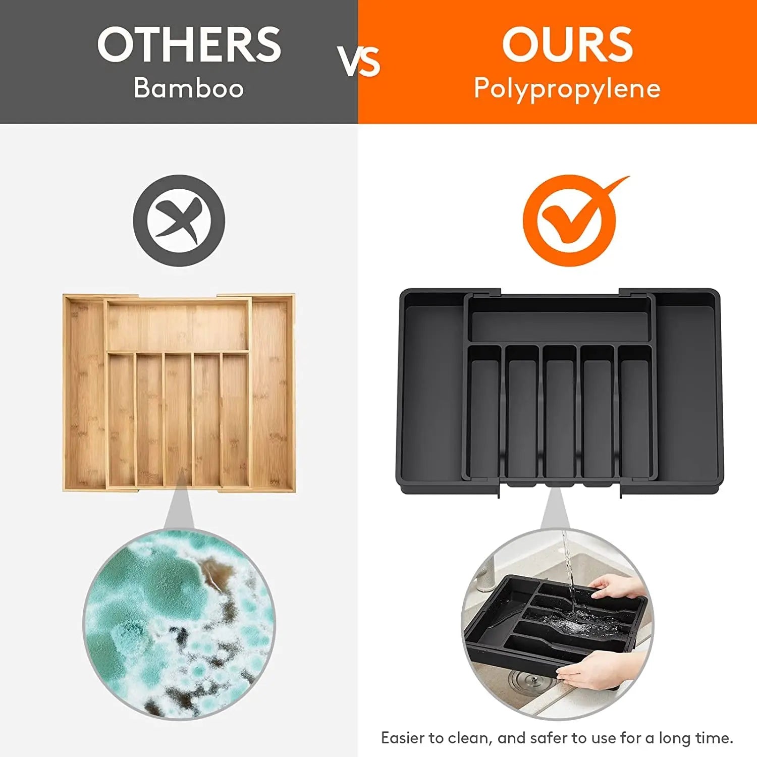 Cutlery Drawer Organiser, Expandable Utensil Tray for Kitchen, Adjustable Silverware and Flatware Holder, Compact Plastic Storage for Spoons Forks Knives, Large, Black