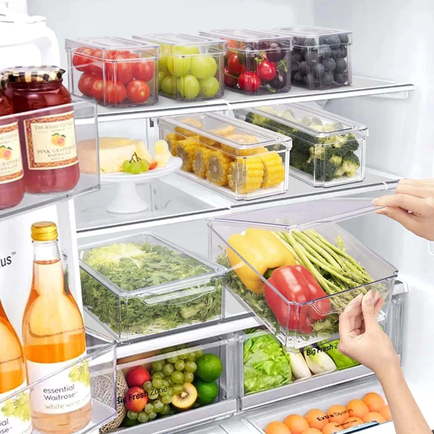 Fridge Food Storage Containers with Lid - 7Pc Stackable Produce Saver with Removable Drain Tray for Vegetable Fruit, Plastic Clear Refrigerator Organizer Bins for Kitchen Cabinet Pantry Organization