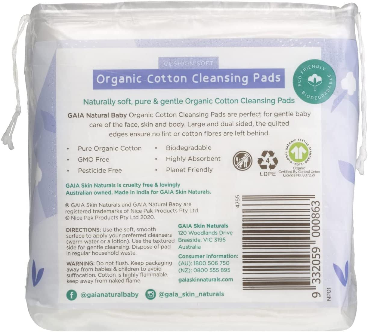 Natural Baby Organic Cotton Cleansing Pads 40 Pack