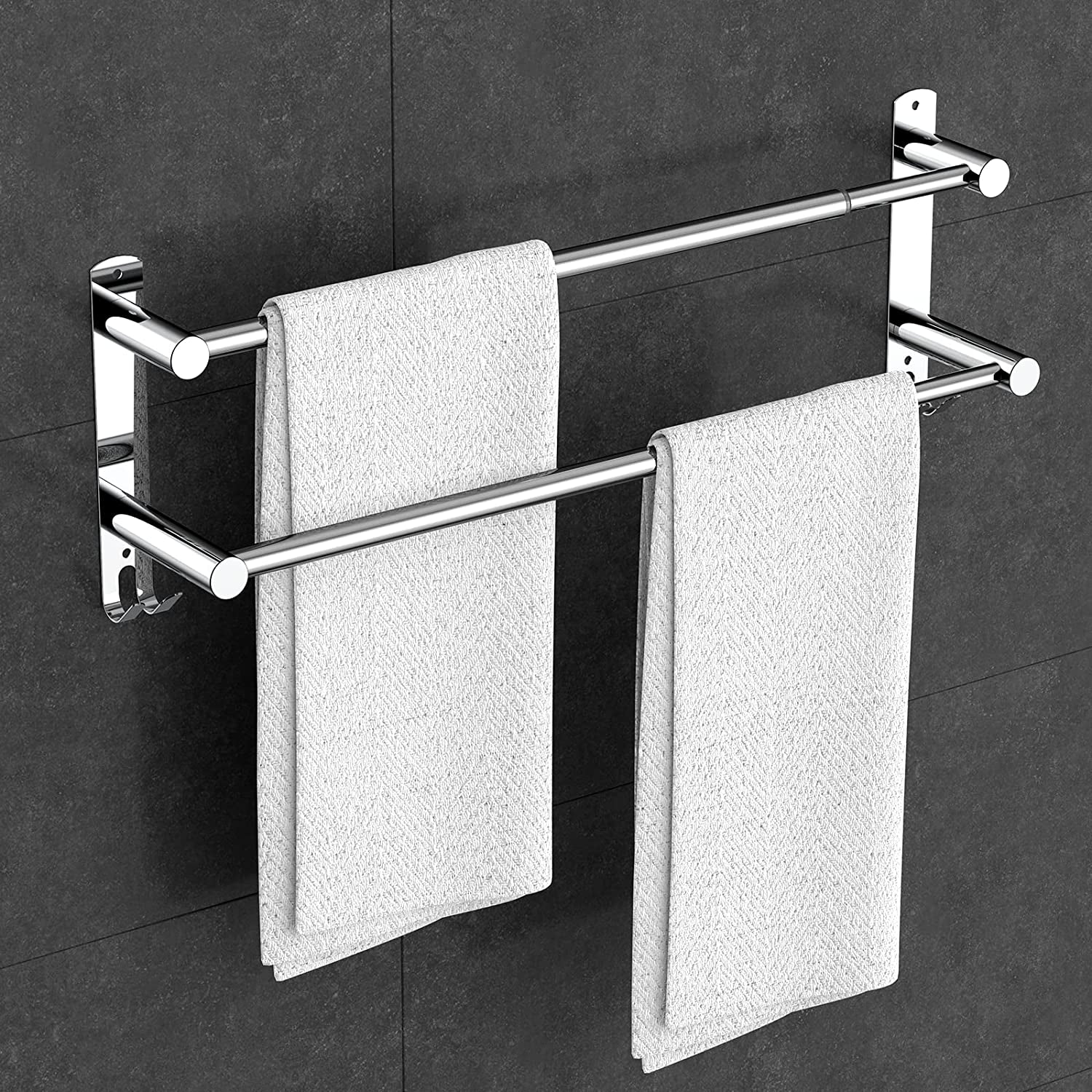 Stretchable 45-75 Cm(17-30 Inches) Towel Bar for Bathroom Kitchen Hand Towel Holder Dish Cloths Hanger SUS304 Stainless Steel RUSTPROOF Wall Mount No Drill Sdjustable (Two BAR)