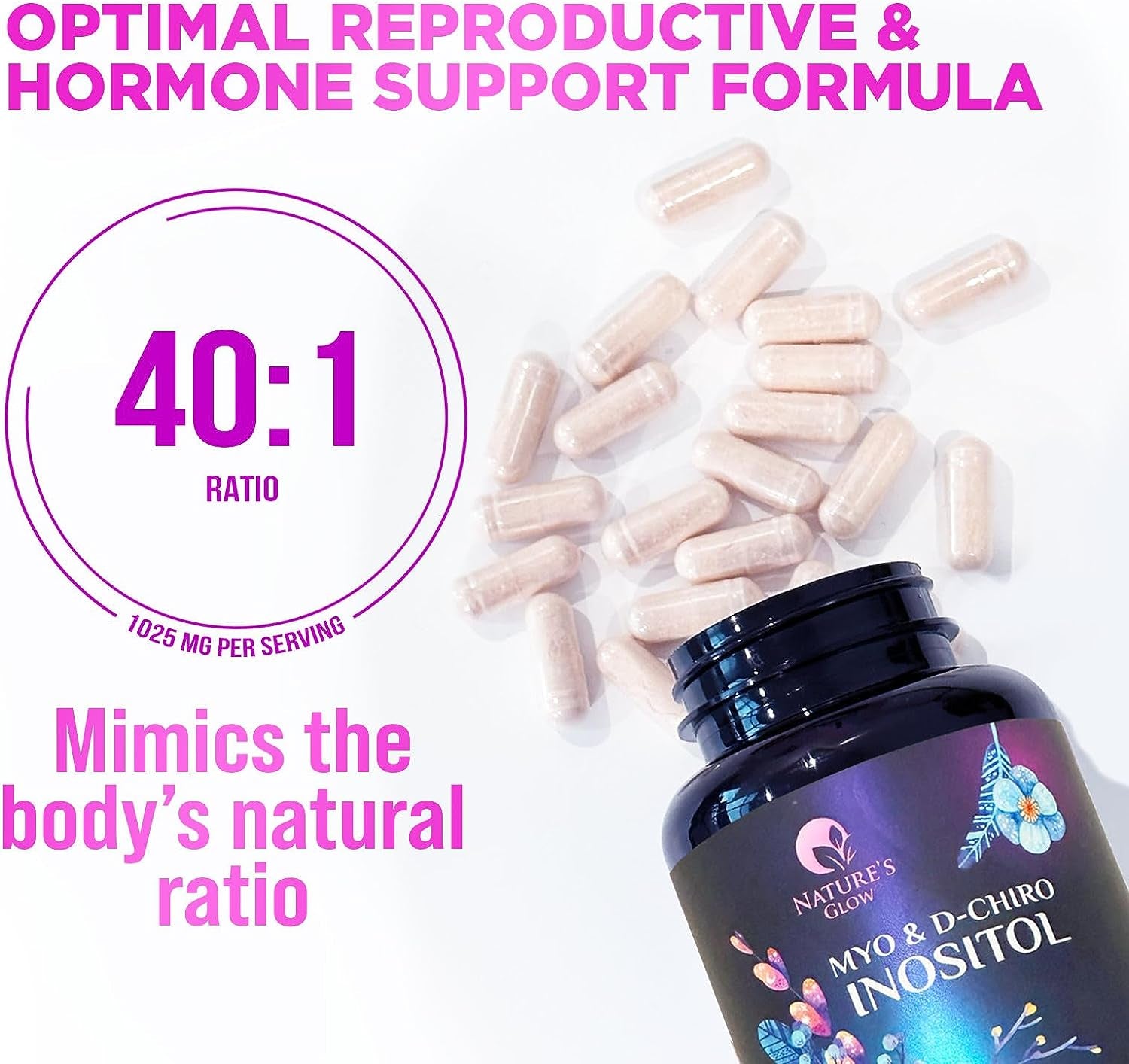 Myo-Inositol & D-Chiro Inositol Blend - Premium 40:1 Ratio - Ovarian Support for Women - Natural Supplement, Vitamin B8, Vegan, and USA Bottled - 120 Capsules