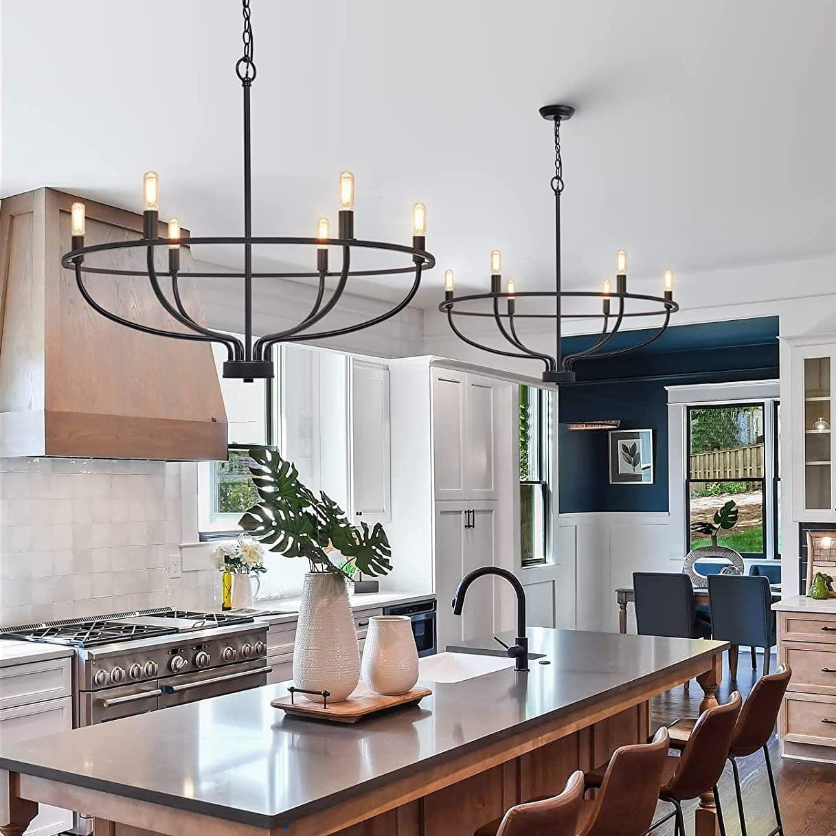 6-Light Black Chandelier Vintage Candle Farmhouse Iron Pendant Ceiling Light Fixture Wagon Wheel Chandelier over Table for Dining Room Living Room Kitchen D72.5Cmxh65Cm E14 Bulbs Included