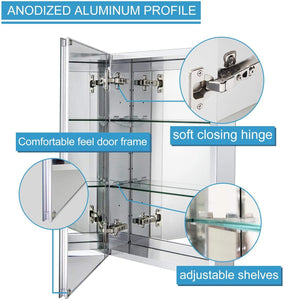 Aluminum Bathroom Medicine Cabinet with Framless Double Sided Mirror Door15 Inch X 24 Inch Recess or Surface Mount, Silver