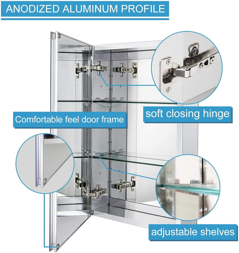 Aluminum Bathroom Medicine Cabinet with Framless Double Sided Mirror Door15 Inch X 24 Inch Recess or Surface Mount, Silver