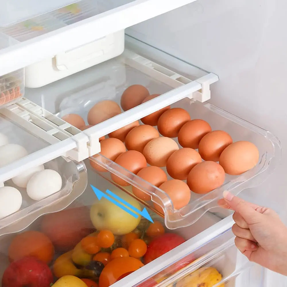 Egg Holder for Refrigerator Drawer,  Egg Tray Storage for Refrigerator, Hangable Egg Dispenser, Plastic Egg Containers Box, save Space, for Fridge Organiser Kitchen Organisation (Capacity 21 Eggs)