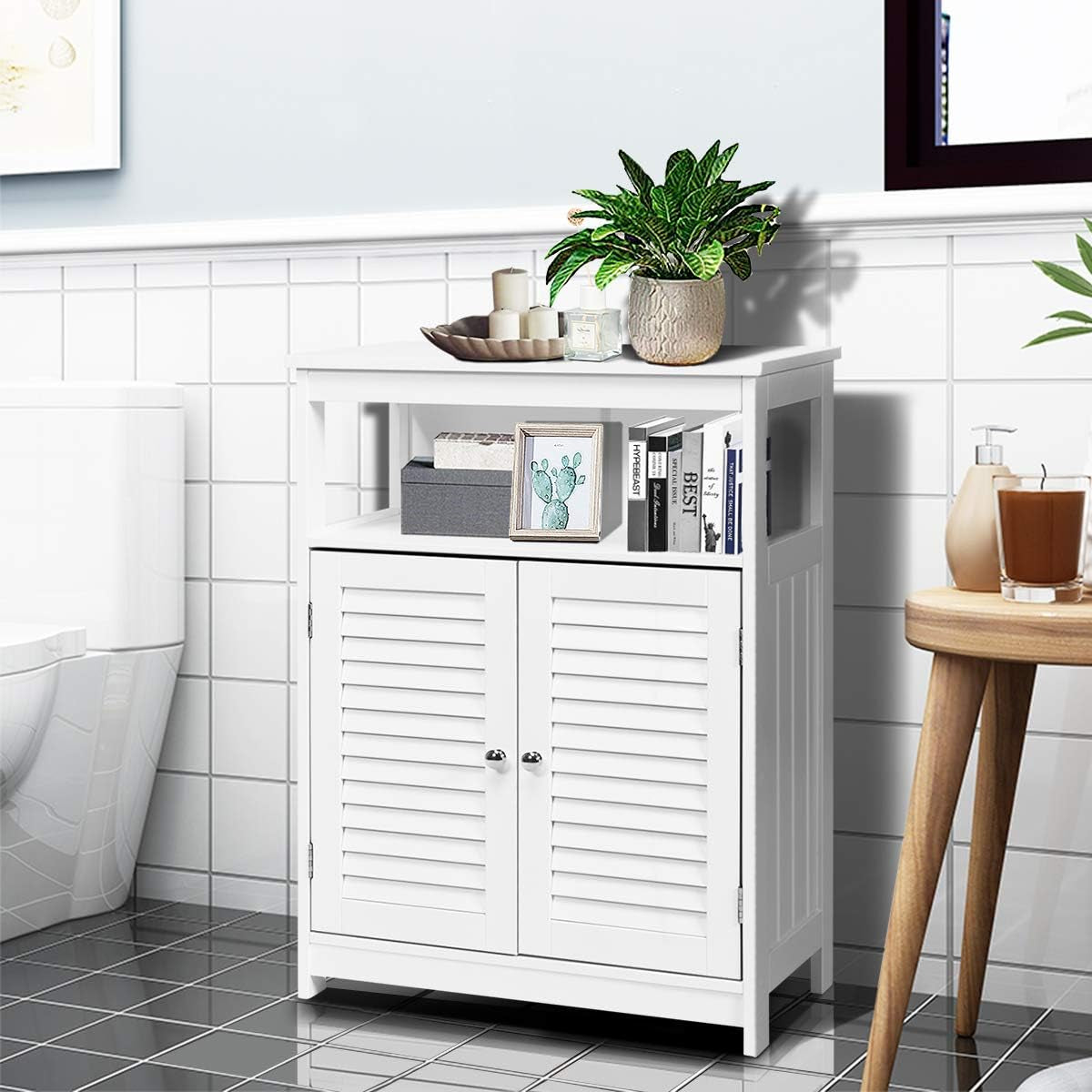 Bathroom Floor Cabinet, Wooden Storage Cabinet W/Double Shutter Door & Height Adjustable Shelf, Free Standing Kitchen Cupboard, Entryway Storage Cabinet, 60 X 30 X 80 Cm (White)