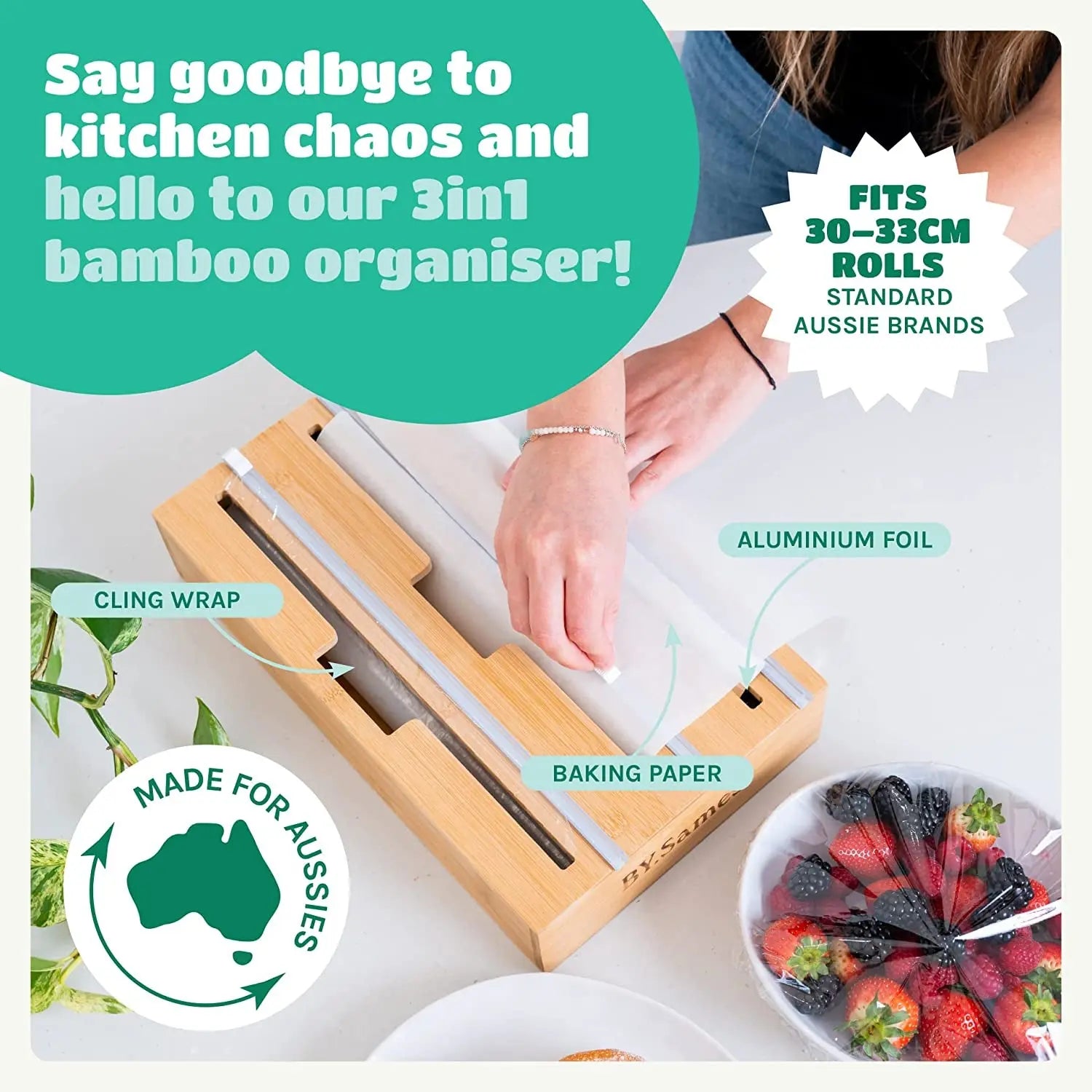 3 in 1 Cling Wrap Organiser (Aussie Sizes) for Kitchen Storage & Organisation, Cling Wrap Dispenser with Cutter for Drawer, Pantry Organiser Fits Aluminium Foil, Baking Paper, Plastic Wrap 33Cm Roll