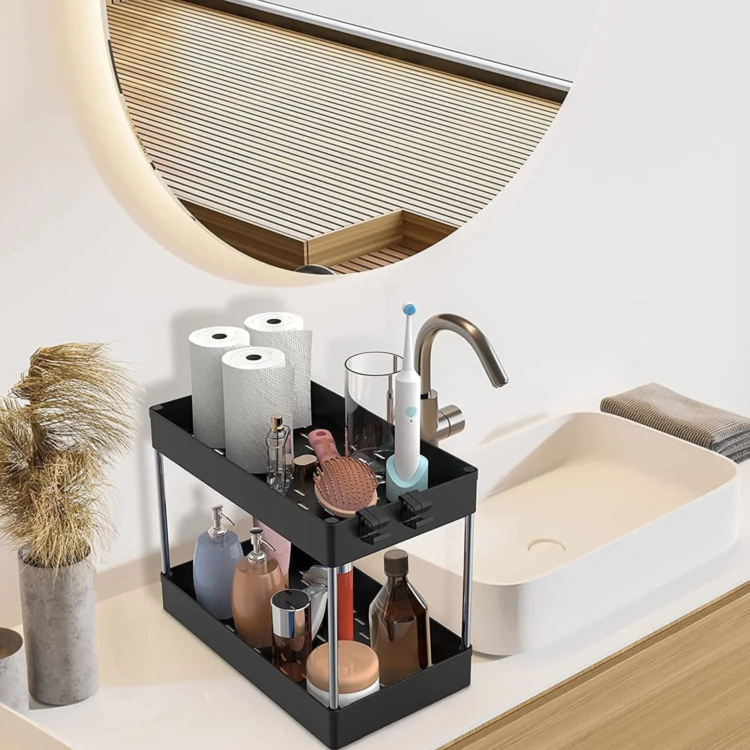 Under Sink Organizer- 2 Tier under Bathroom Sink Organizers Storage,Bath Collection Baskets with Hook, Black under Sink Shelf Organizer Rack,Multi-Purpose under Sink Storage for Bathroom Kitchen