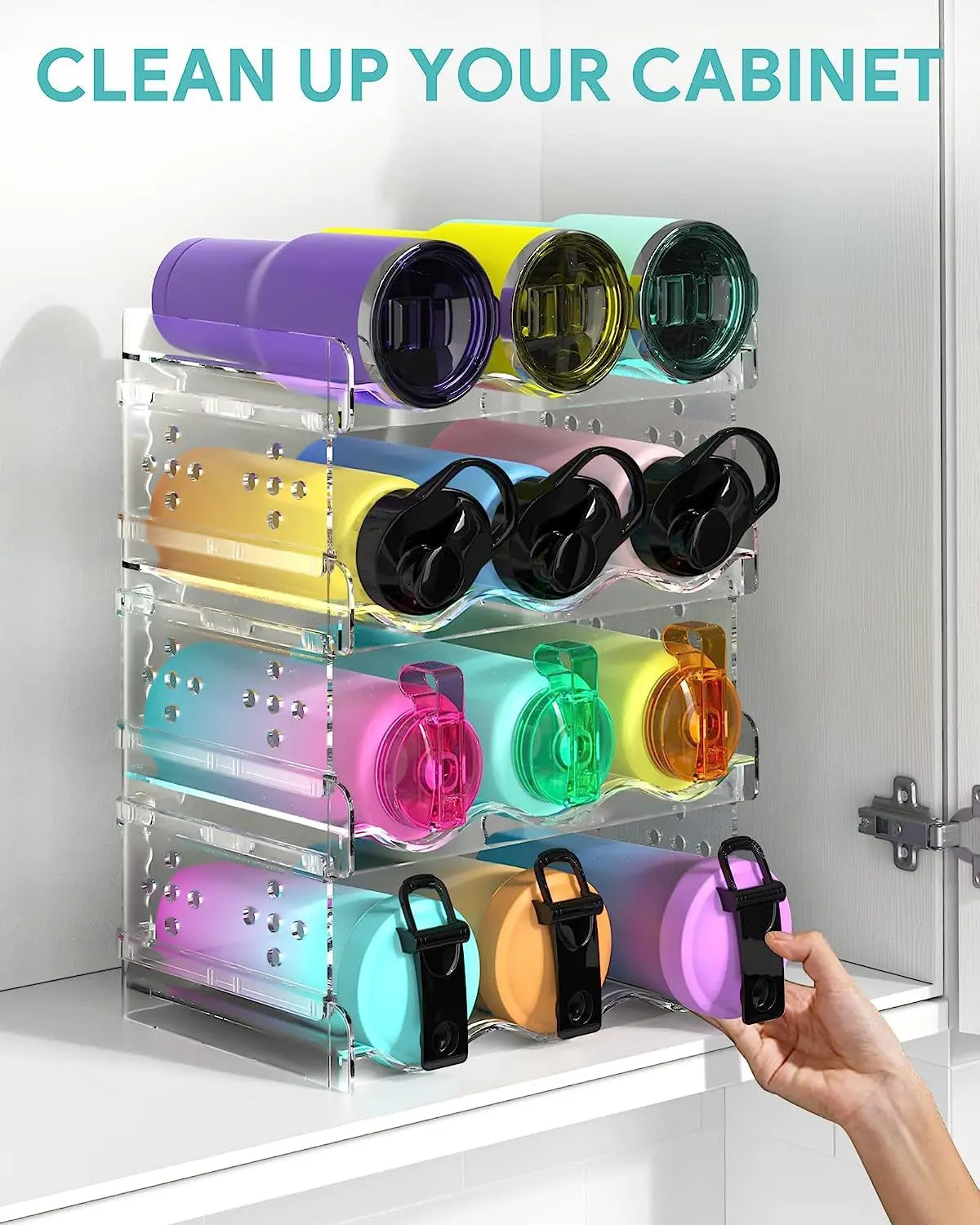 Water Bottle Organiser, Water Bottle Holder Plastic Stackable Water Bottle Storage Rack for Kitchen Cabinets, Countertop, Pantry Storage and Fridge, Free-Standing Tumbler Kitchen Storage Holder for Wine and Drink Bottles (4 Pack)