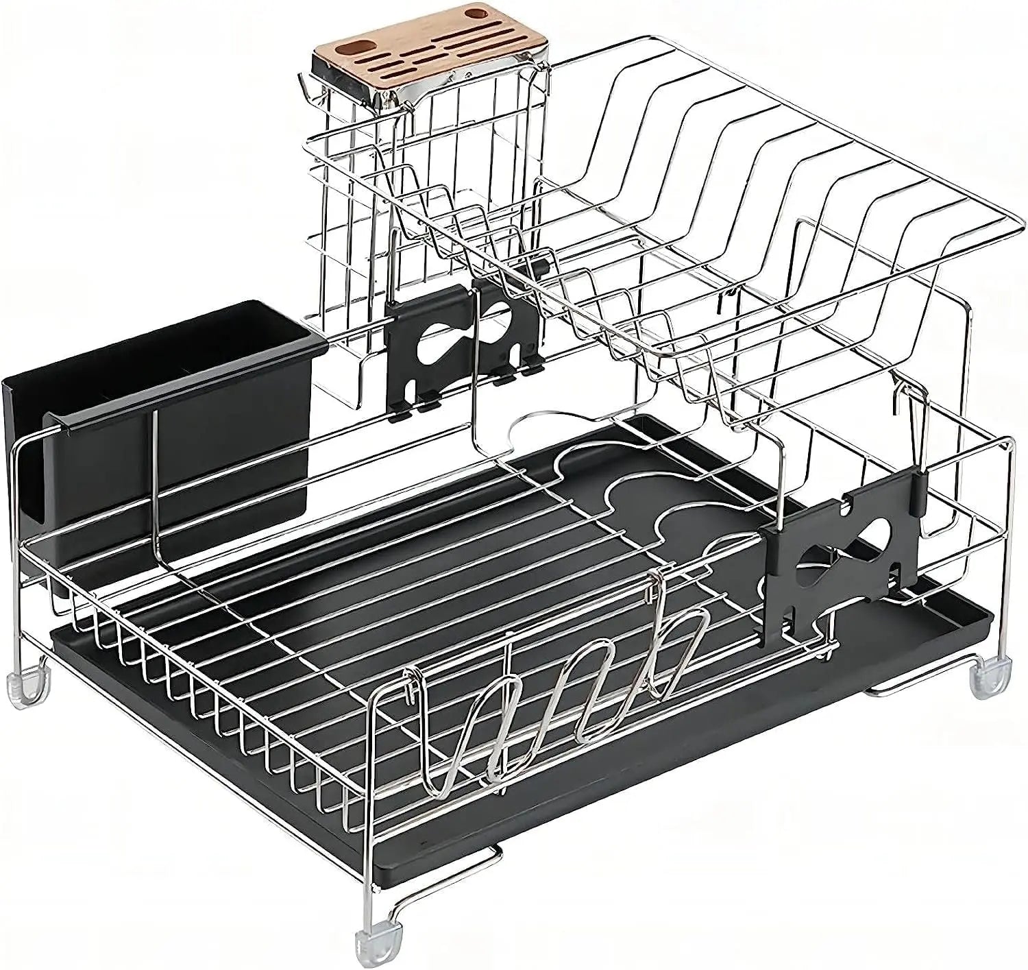 2-Tier Stainless Steel Dish Drying Rack with Draining Board - Detachable Rustproof Cutlery Rack with Utensil Holders, Knife Holder, Cup Holder for Kitchen Storage & Organisation