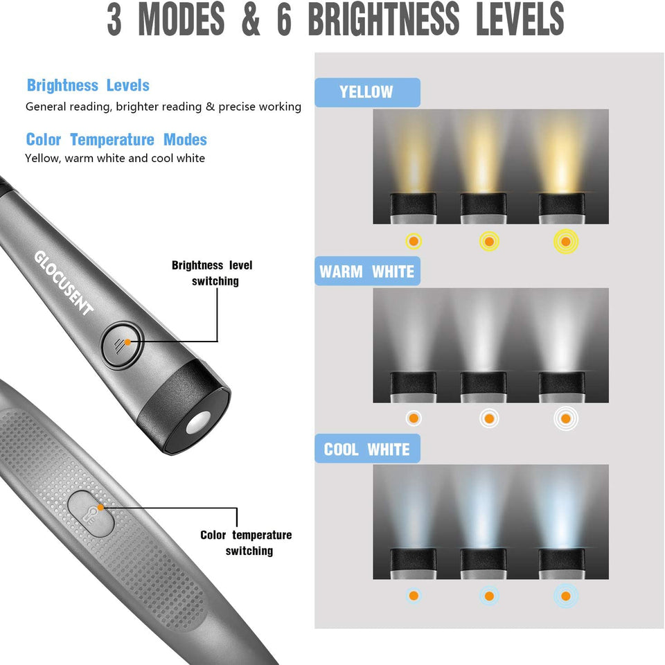 LED Neck Reading Light, Book Light for Reading in Bed, 3 Colors, 6 Brightness Levels, Bendable Arms, Rechargeable, Long Lasting, Perfect for Reading, Knitting, Camping, Repairing