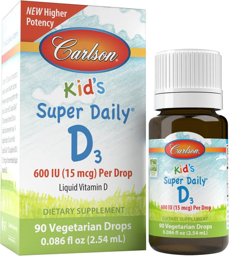 - Kid'S Super Daily D3, Kids Vitamin D Drops, 600 IU (50 Mcg) per Drop, Heart & Immune Health, Vegetarian, Liquid Vitamin D Drops, Unflavored, 365 Drops