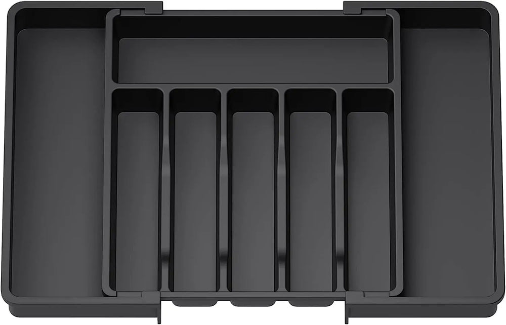 Cutlery Drawer Organiser, Expandable Utensil Tray for Kitchen, Adjustable Silverware and Flatware Holder, Compact Plastic Storage for Spoons Forks Knives, Large, Black