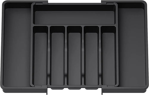 Cutlery Drawer Organiser, Expandable Utensil Tray for Kitchen, Adjustable Silverware and Flatware Holder, Compact Plastic Storage for Spoons Forks Knives, Large, Black