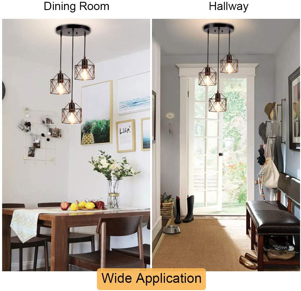 Vintage Pendant Light, 3-Light Adjustable Hanging Pendant Lights Fixture with Cage Shade, Industrial Design Pendant Lamp for Kitchen/Dining Room/Hallway, E27 Base Black