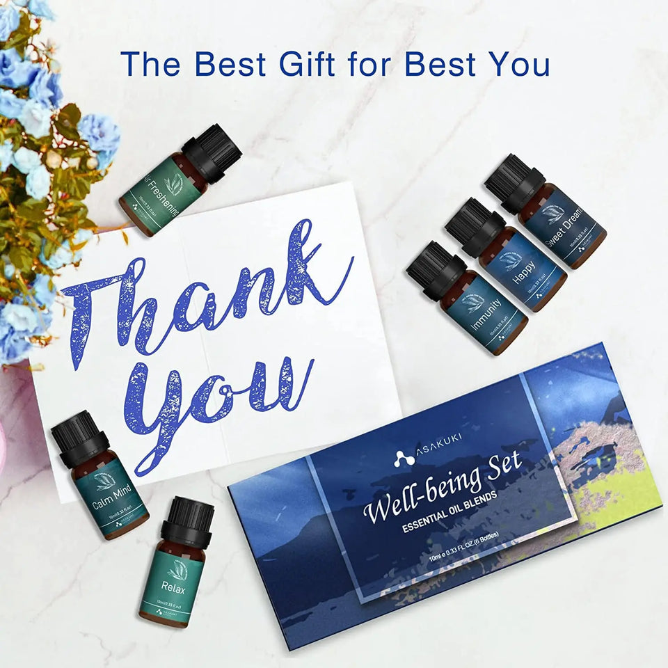 Essential Oils Blends Well-Being Gift Set of 6 X 10Ml Theraputic Grade Aromatherapy Oils for Sleep, Breathe, Calm, Stress&Anxiety Relief, Immune Defence, Happy Ideal for Diffusers Humidifiers