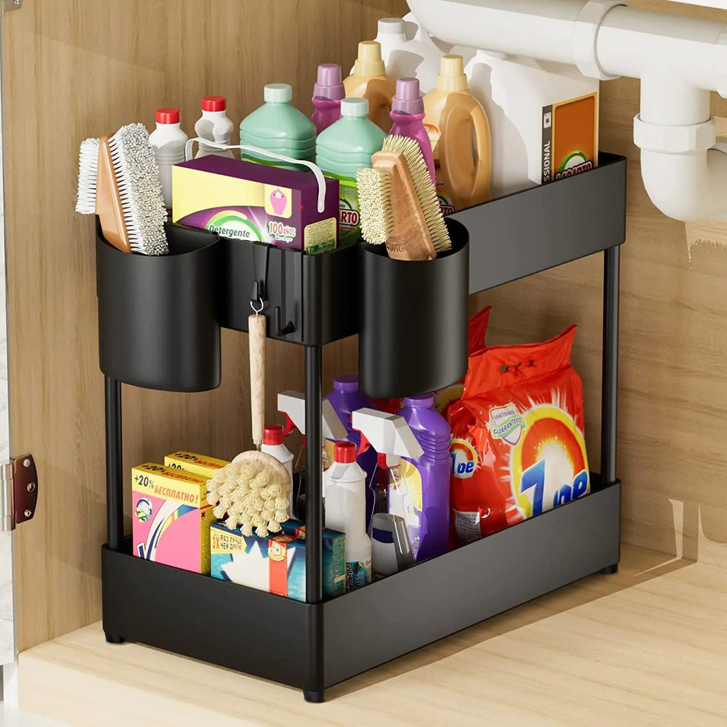 Under Sink Storage Organizer, Multi-Purpose 2-Tier Bathroom Kitchen Organizer Shelf, under Cabinet Shelves with Hooks Hanging Cups