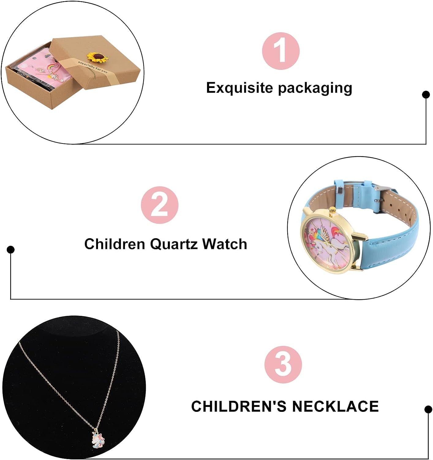 1Set6Pcs Cartoon Children Gift Kids Toddler of D Child- Girl and Year- Wrist for Baby Pendant Watch, Bracelet Girls Holiday Watches- Blue Necklace Unicorn Assorted