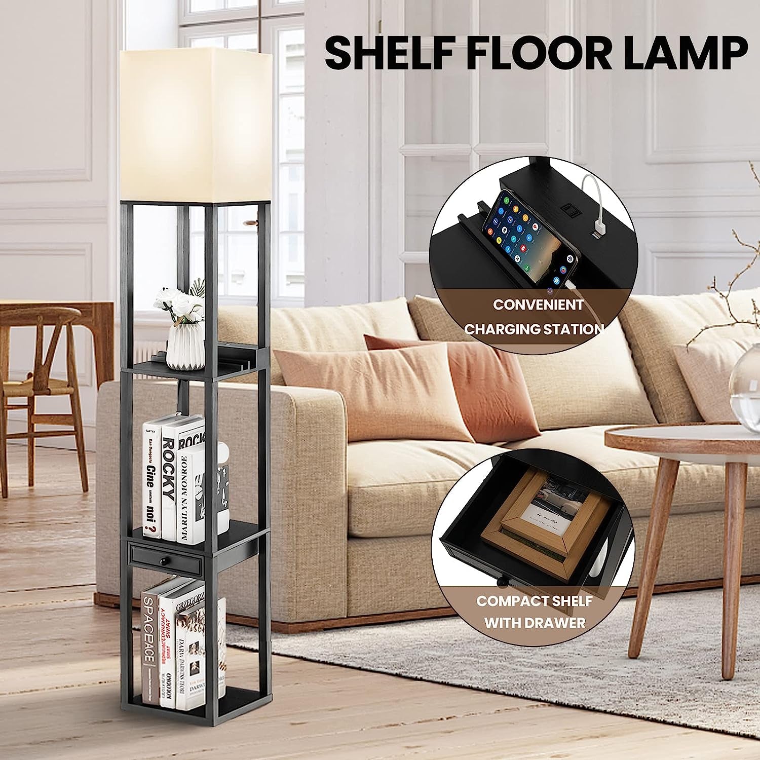 Modern Shelf Floor Lamp, Dimmable Standing Lamp Shelf W/ 1 Drawer & 1 USB Port, E27 5000K LED Bulb Included, Pull Chain Switch, 3-Level Brightness, Storage Lamp for Bedroom, Living Room