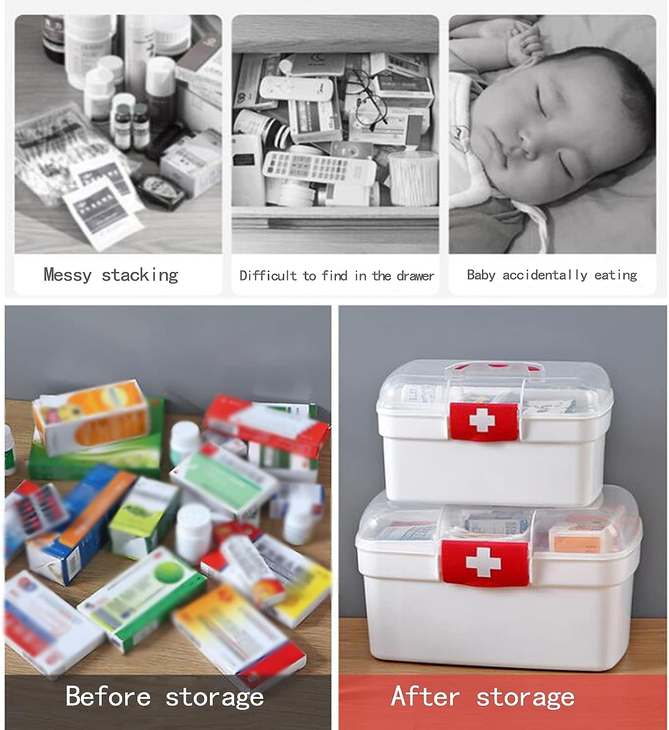 Multi-Purpose First Aid Kit, Storage Container Box with Detachable Tray, Medicine Lock Box for Safe Medication Storage,L