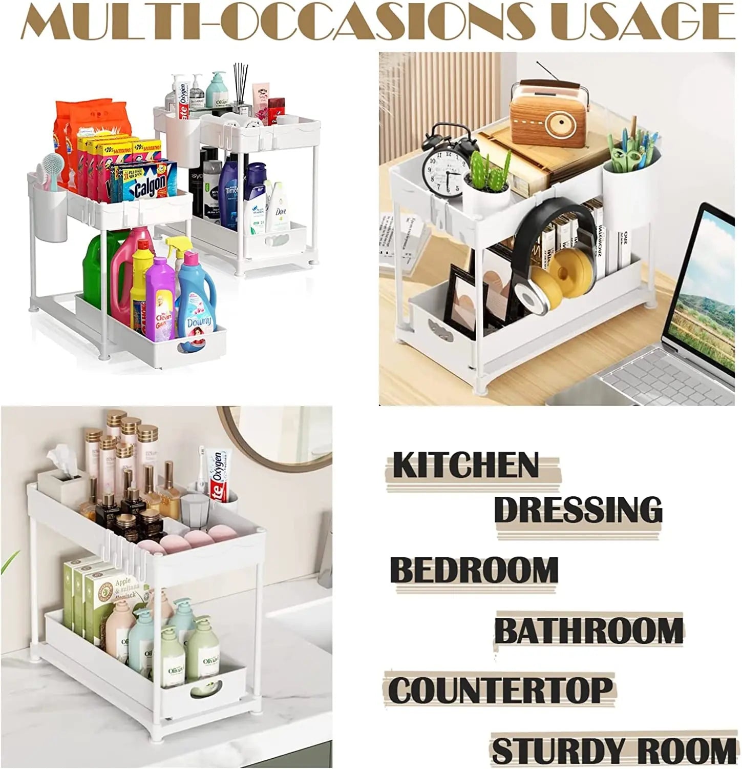DEVA 2 Pack under Sink Organiser, Organiser for Kitchen 2-Tier Pull Out Wide Drawer for Kitchen Storage & Organisation under Sink Storage for Kitchen Sink Cupboard Bathroom Laundry, White