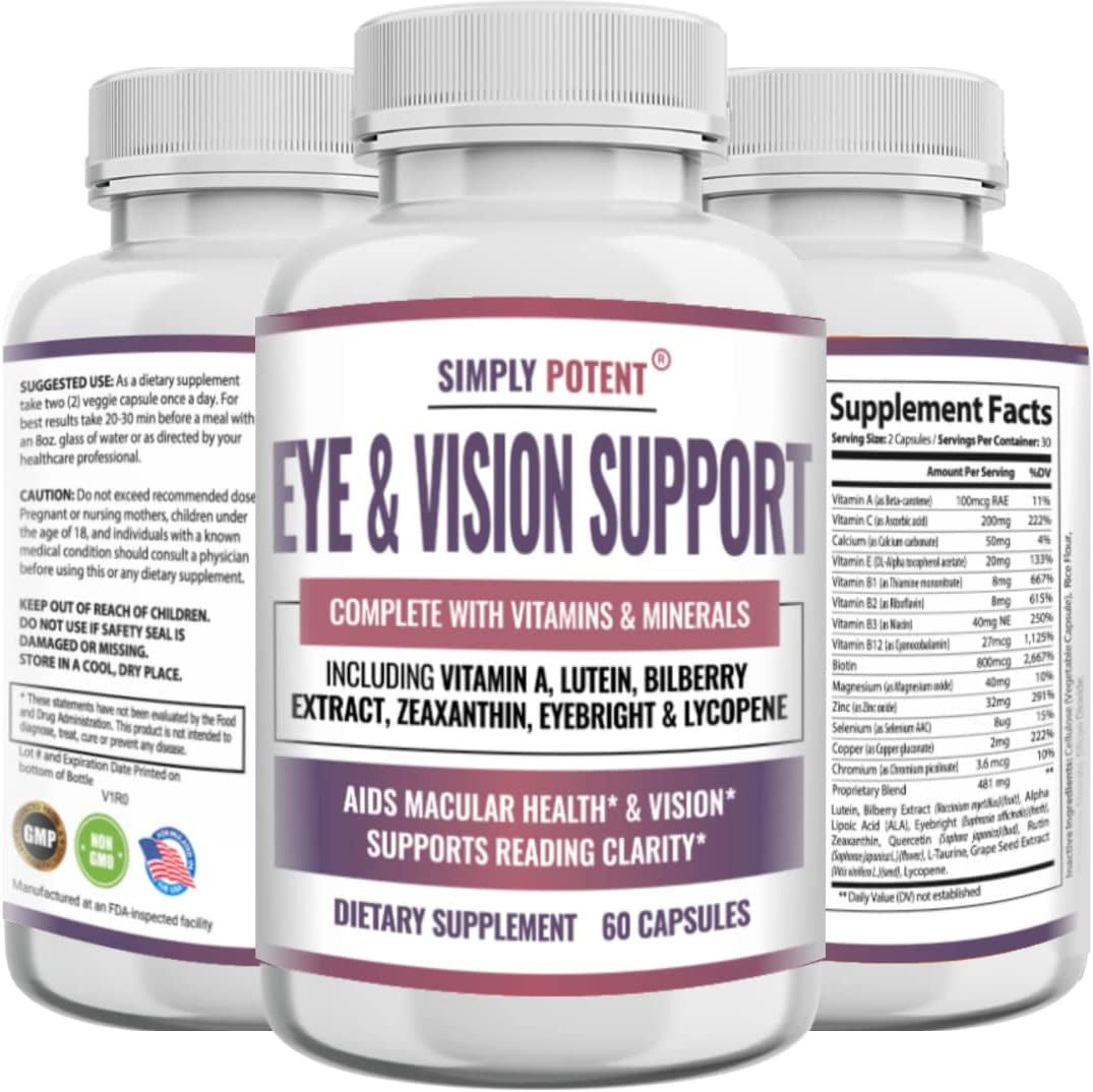 Eye and Vision Support for Adults, Lutein & Zeaxanthin Eye Health Supplements, Natural Eye Formula with Vitamin A, Zeaxanthin, Bilberry Extract for Eyebright & Lycopene Lens & Macular Support, 60 Ct