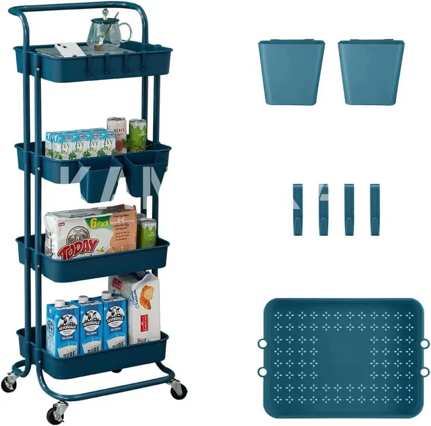 4 Tier Rolling Cart Organizer Kitchen Utility Cart with Wheels Kitchen Storage Cart on Wheels Spice Rack Organizer with Handle & Hooks & Cups Trolley Pantry Organizer Shelf Bathroom Accessories(Blue)
