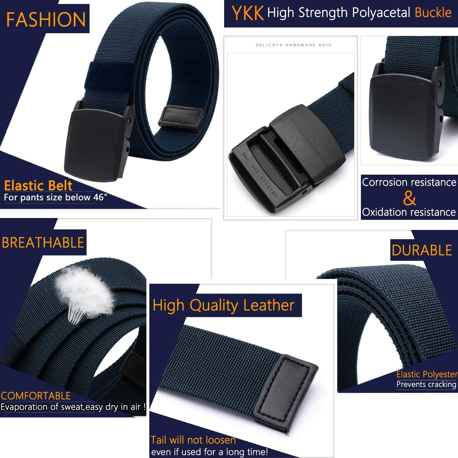 Elastic Belt for Men, Stretch Canvas Belt with YKK Plastic Buckle, Breathable Waist Belt for Work Outdoor Cycling Hiking, Adjustable for Pants Size below 46Inches[53"Long1.5"Wide]