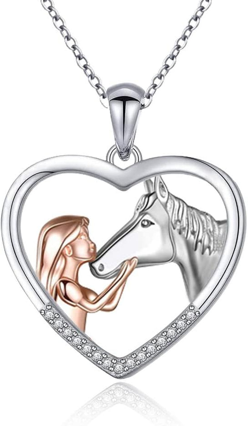 Girl and Horse Pendant Necklace for Women Horse Lover Birthday Christmas Gifts for Daughter Granddaughter Rose Gold Heart Rhinestone Necklaces for Girls