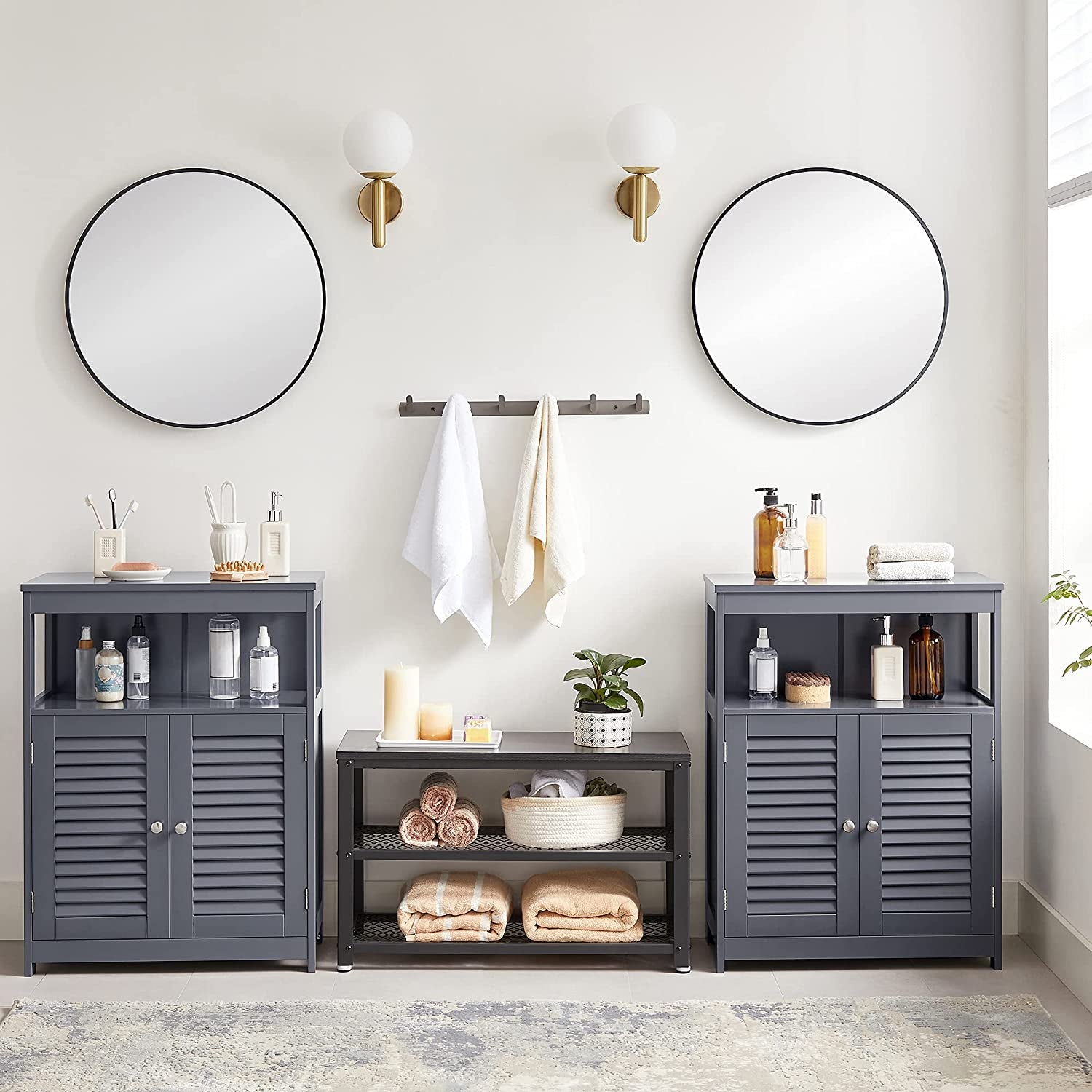 Bathroom Storage Floor Cabinet, Free Standing with Double Shutter Doors and Adjustable Shelf, Gray BBC040G01