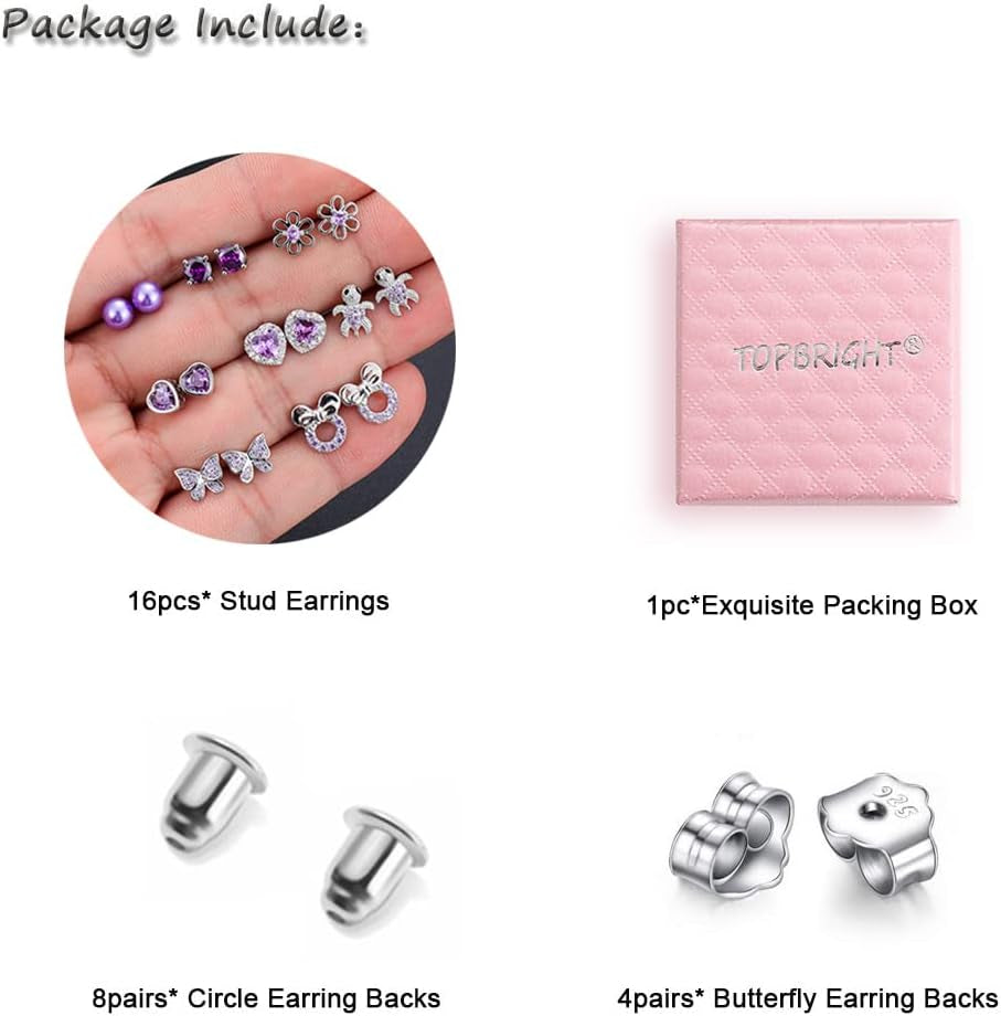 8 Pairs Hypoallergenic Earrings 925 Sterling Silver Stud Earrings Heart CZ Tiny Butterfly for Kids, Toddlers, Little Girls, Teens, Women