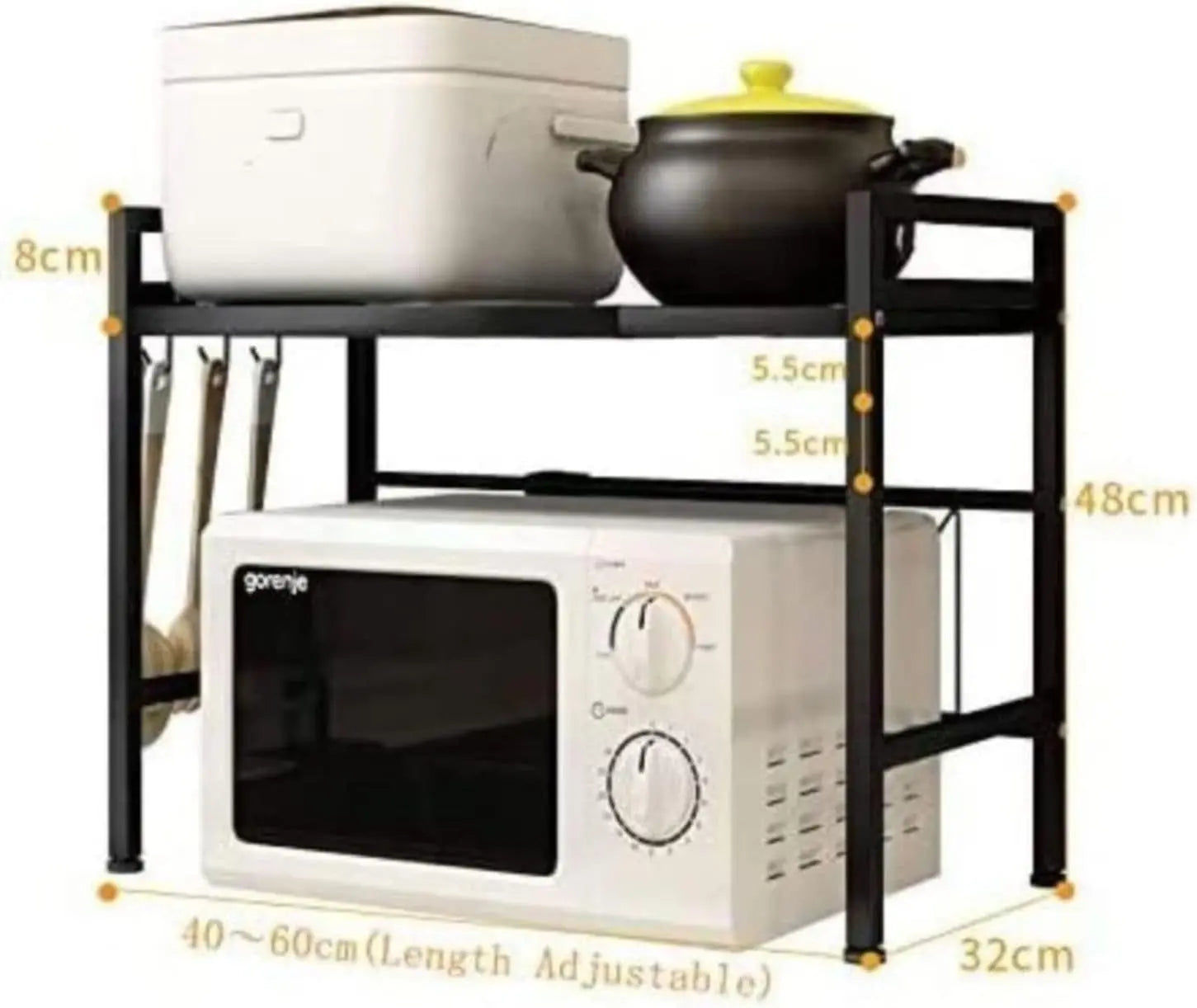 Expandable Microwave Oven Rack. Adjustable Length and Height Kitchen Stand Counter Shelf with 3 Hooks for Kitchen Storage & Organization, Black (1 Tier)