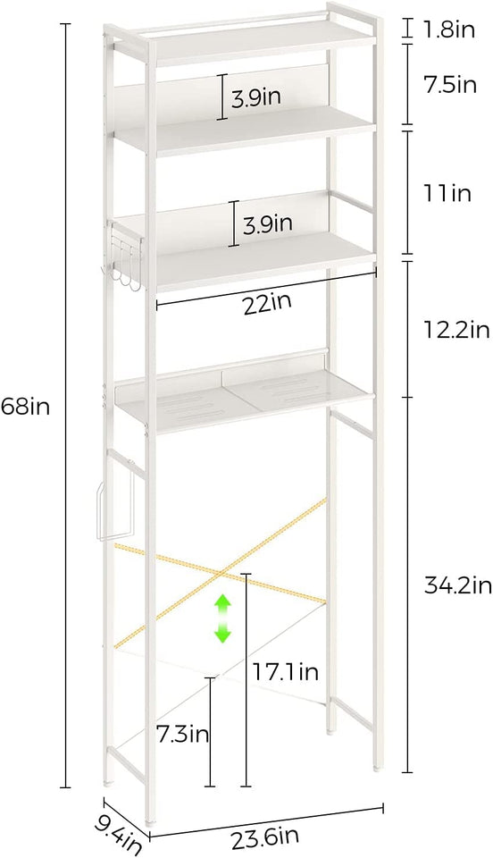 over the Toilet Storage, 4-Tier Wooden Bathroom Space Saver with Hooks, Freestanding Bathroom Organizer, Multifunctional over the Toilet Storage Rack, Bathroom Toilet Rack, White