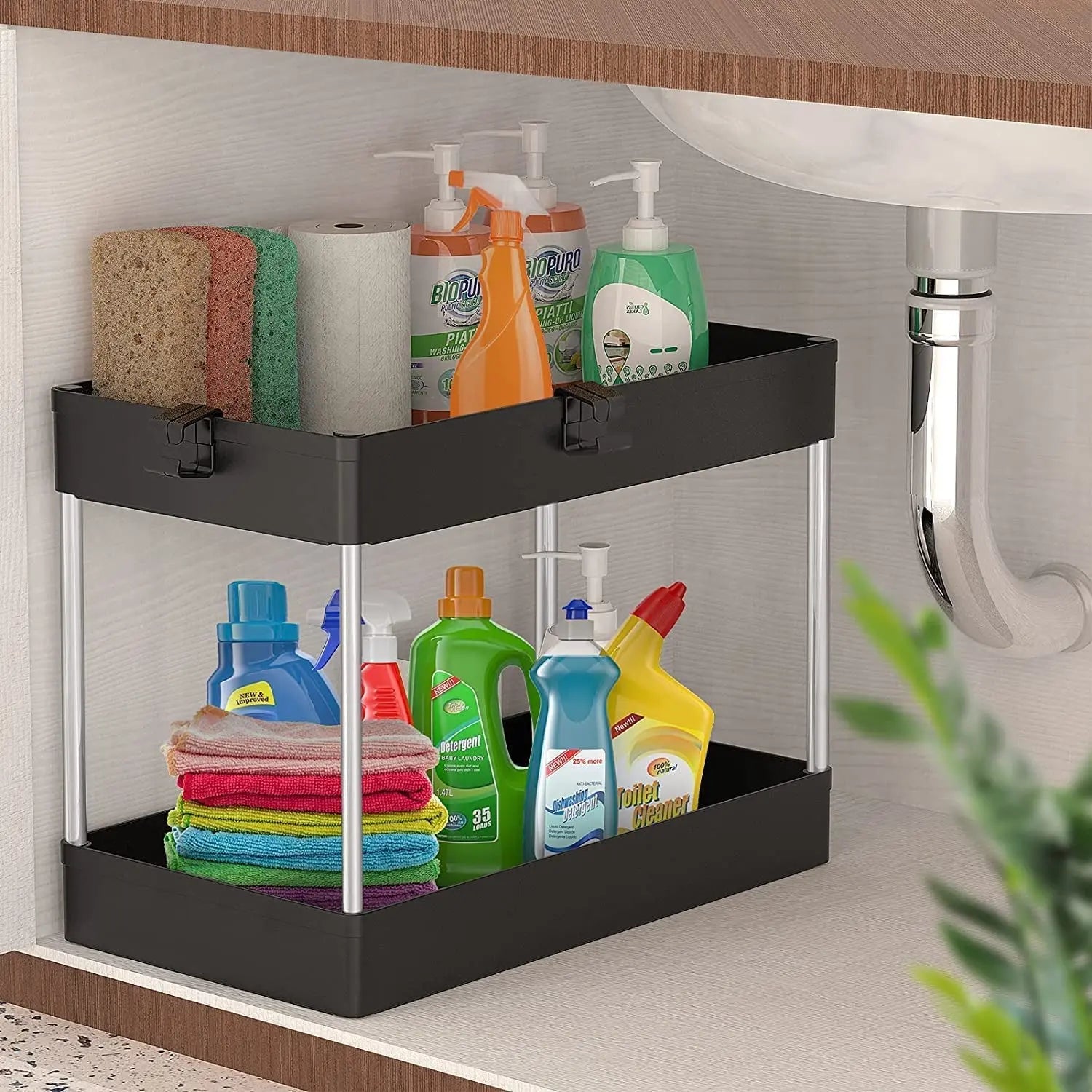 Under Sink Organizer- 2 Tier under Bathroom Sink Organizers Storage,Bath Collection Baskets with Hook, Black under Sink Shelf Organizer Rack,Multi-Purpose under Sink Storage for Bathroom Kitchen