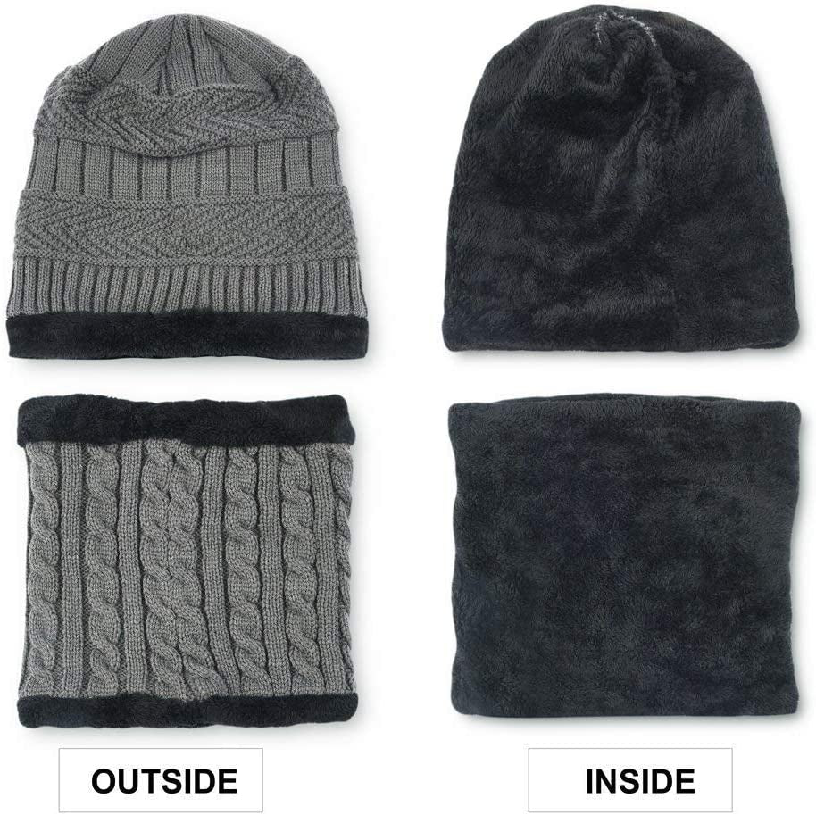 Knitted Beanie Hat, 2 Pieces Winter Beanie Hats Scarf Set Warm Knit Hat Thick Fleece Lined Winter Cap Scarves for Men Women
