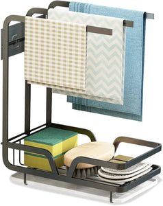 Kitchen Sink Caddy Organiser with Removal Drainage Tray, Metal Countertop Sponge & Soap Holder, Dishcloth Towel Hanger- Free Standing or Wall-Mounted (Black)